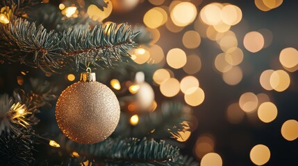 Wall Mural - sparkling gold ornament on a festive christmas tree