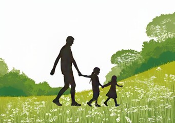 Silhouette of a father and two children walking through a flower-filled meadow.