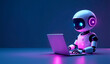© Lumos Maxima - Cute friendly artificial intelligence robot using laptop computer with purple neon glow light, chatbot and AI assistant concept futuristic technology 3d illustration, banner