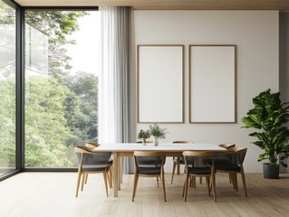 a minimalist style dining room with ceiling to floor windows an curtains overlooking a breathtaking 