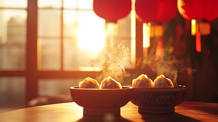 Wall Mural - Steaming dumplings in bowls on a wooden table with red lanterns and sunset light in the background.