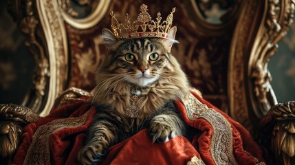 The noble feline exudes royalty as it lounges on a plush throne, adorned with a gold crown and luxurious robes, surrounded by opulent decor