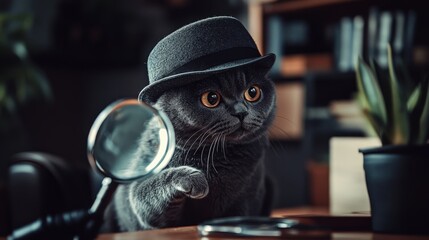 A gray cat with bright eyes dons a detective hat as it examines documents and small objects on a wooden desk, surrounded by plants in the warm afternoon light