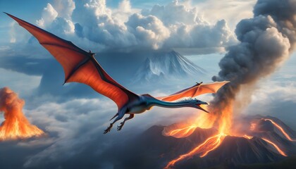 Wall Mural - Pterodactyl soaring above an erupting volcano, fire and smoke billowing in a dynamic prehistoric landscape.