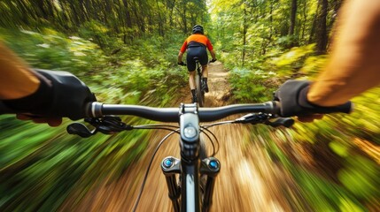 Wall Mural - Mountain biking through a forest trail, capturing speed and adventure.