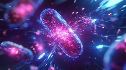 Leinwandbilder - Glowing capsules burst with vibrant particles in a captivating display of energy and color, creating a dynamic sensation in a deep cosmic setting, evoking a sense of wonder and exploration.