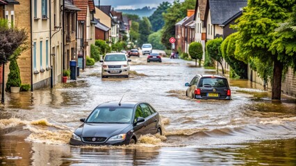 street, water and floods from storm or rain with damage and car. climate change, environment and hur