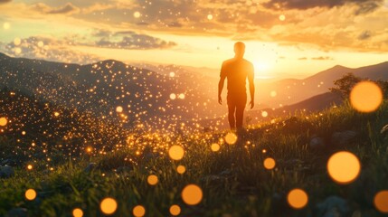 Aufkleber - A person strolls through a grassy field filled with shimmering particles during a breathtaking sunset in the mountains, capturing a moment of tranquility and natural beauty.