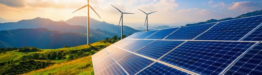 Wind turbines and solar panels on green landscape at sunset.