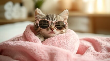 Cute kitten wrapping pink bath towel and wearing sunglasses relaxing at spa salon. Travel and summer vacation. 