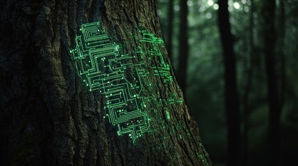 Sticker - Illuminated digital patterns on a tree trunk in forest