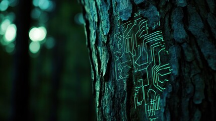 Tree with embedded and glowing green circuit elements