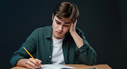 Concentrated Young Man Writing in Notebook with Pencil