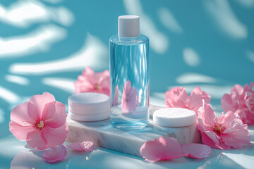 A refreshing beauty product displayed with soft pink flowers, creating serene and inviting atmosphere. clear liquid in bottle reflects light beautifully, enhancing tranquil vibe