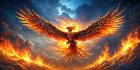 majestic phoenix flying in sky reborn from ashes shining with flame of rebirth and tenacity