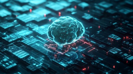 Poster - A digital representation of a brain over circuitry, symbolizing artificial intelligence and advanced technology.