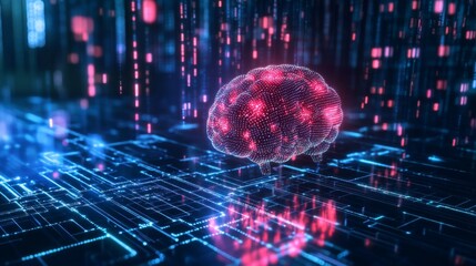 Poster - A digital brain represented as a vibrant network of lights, symbolizing advanced technology, AI, and data processing in a futuristic environment.