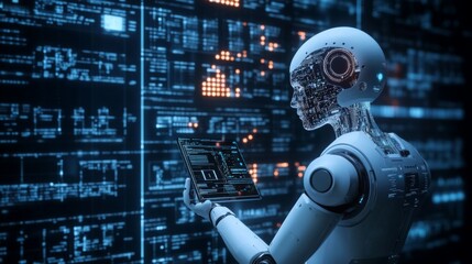 Leinwandbilder - A futuristic robot interacts with digital data on a glowing screen, embodying advanced technology and artificial intelligence.
