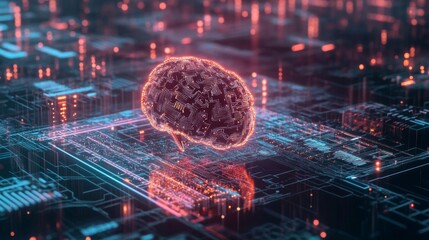 Leinwandbilder - A digital brain model suspended over a circuit board, symbolizing artificial intelligence and technological innovation.