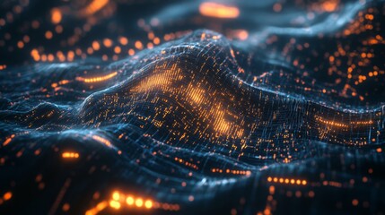 Aufkleber - Vibrant digital landscape featuring glowing lights and interconnected patterns, resembling a futuristic data representation or virtual environment.