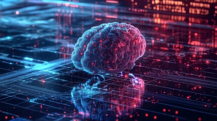 Poster - A glowing, digital brain is showcased against a high-tech background filled with vibrant blue and pink lights representing data and technology.