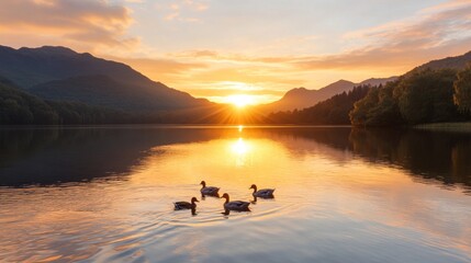 Sticker - Tranquil Lakeside Scene with Ducks at Sunset