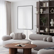 © mtlapcevic - Frame mockup, ISO A paper size. Living room wall poster mockup. Interior mockup with house background. Modern interior design. 3D render