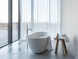 Wall Mural - A bathtub is filled with water and a towel is placed on a stool next to it