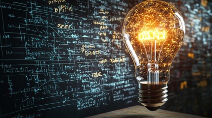 Aufkleber - A glowing light bulb illuminated against a backdrop of technical drawings and equations suggests innovation and creativity.
