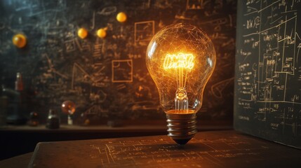 Aufkleber - A glowing light bulb illuminates a blackboard filled with intricate scientific equations and diagrams, symbolizing creativity and innovation.