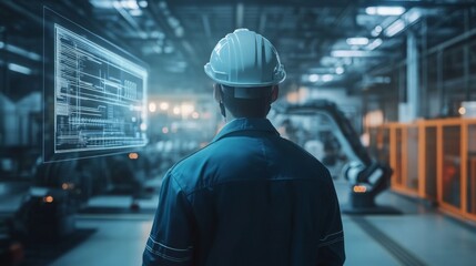 Aufkleber - A worker in a hard hat observes advanced robotics and data displays in a high-tech industrial setting.