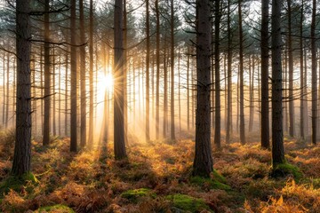 Sunlight filtering through tall trees in a serene forest at dawn.