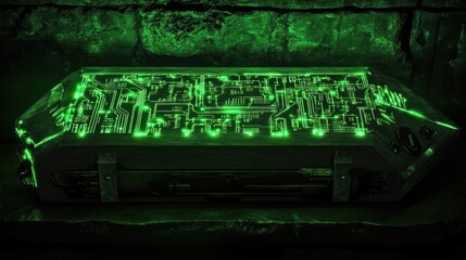 Sticker - Green circuit patterns glowing on a wooden coffin