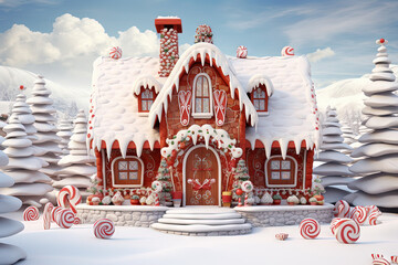 Canvas Print - Christmas house in the forest with candies and winter holiday ornaments. Santa gingerbread house on the snow. Generated AI.