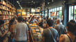 © filmanana - Crowded bookstore with diverse shoppers browsing shelves and reading