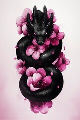 Wall Mural - Black Dragon with Pink Flowers