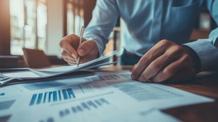Leinwandbilder - A person is analyzing financial documents and charts, jotting down notes with a pen, surrounded by a bright office environment.