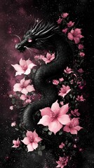 Sticker - Black Dragon Amidst Pink Flowers and a Starry Sky