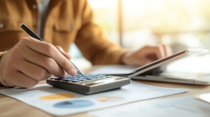 Leinwandbilder - ### Description:
A person using a calculator while reviewing documents and charts, possibly for financial analysis or budgeting.