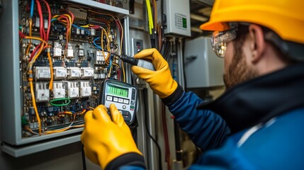 Aufkleber - An electrician in safety gear inspects a control panel, using a multimeter to check electrical connections and circuitry.