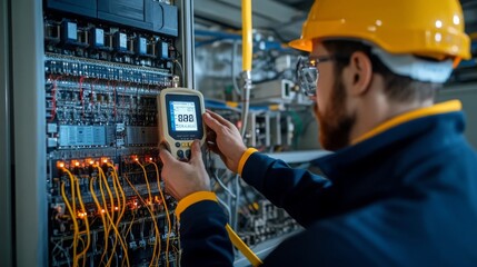 Aufkleber - A technician in a safety helmet operates a testing device on electrical circuits in a control panel, showcasing a focus on electrical systems and diagnostics.