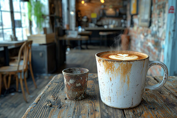 Poster - A fresh, steaming cup of coffee on a cafe table contrasts with a dirty, discarded coffee cup in a trash bin.