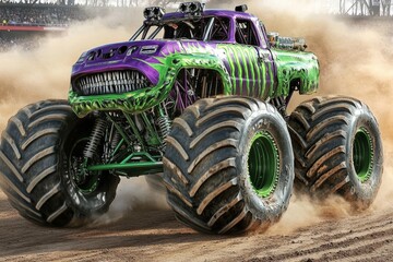 This is an abstract painting of a monster truck riding at high speed on dirt tracks.