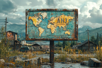 Wall Mural - a community water conservation sign in a village, with a world map fading into the sky, representing