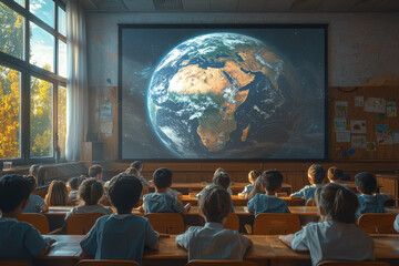 Canvas Print - A classroom full of children learning about climate change with a globe on the wall, emphasizing global awareness through local education.