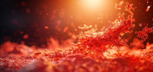 Fototapete - Dynamic abstract red cells splash with glowing light, creating a vivid and energetic visual effect, perfect for artistic projects.