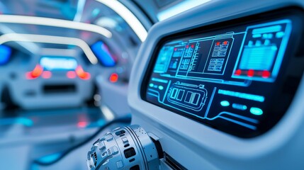 Futuristic control panel with blue glowing buttons in a modern spaceship.