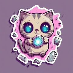 Sticker - Cute Cartoon Cat Holding Gemstone with Sparkle Eyes