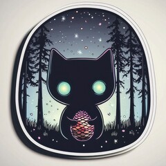 Sticker - Silhouette of a Black Cat Holding a Pine Cone Under a Starry Night Sky