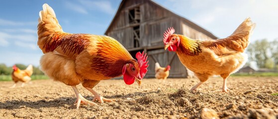 rustic barnyard scene with chickens and old wooden barn capturing authentic country life
